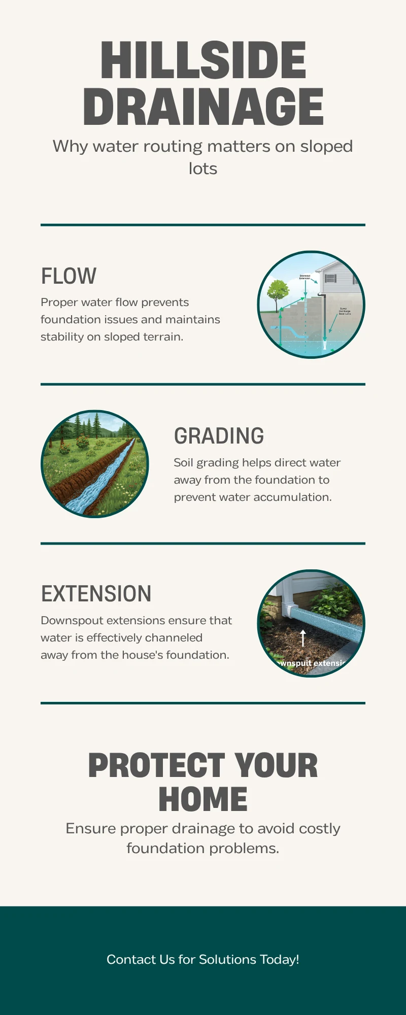 Hillside drainage and foundation water infographic for sloped Duluth lots