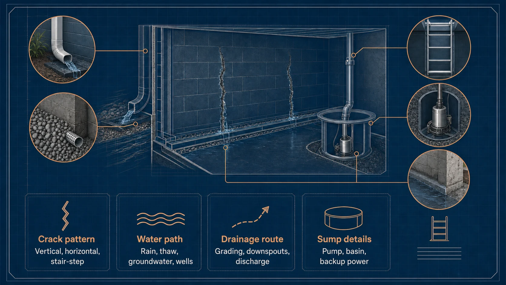 Blueprint-style infographic showing Duluth foundation cracks, water path, drainage route, and sump details