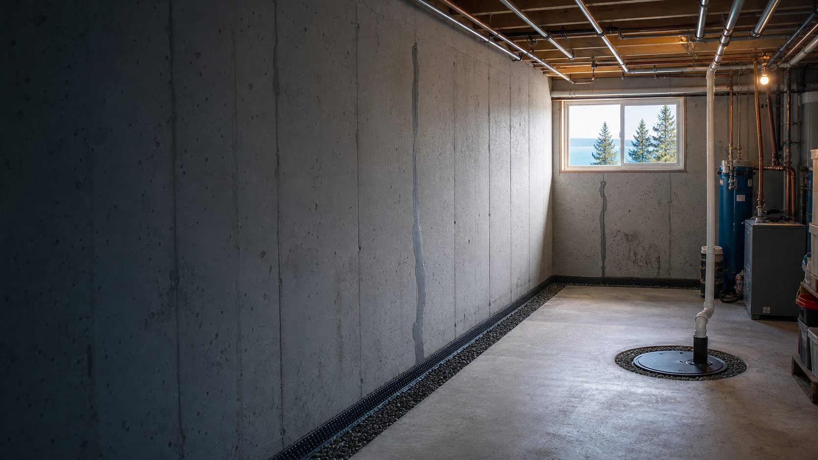 Unbranded Duluth-area basement foundation wall with waterproofing prep, sump basin, and Lake Superior daylight